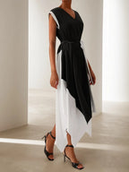 Black V Neck Short Sleeve Tie Waist A-line Midi Dress