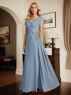 A Line Dusty Blue V Neck Short Sleeves Floor Length Dress With Sequins