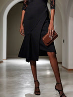 Robe midi ligne A en dentelle noire, col cœur, manches mi-longues