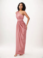 Vestido de dama de honor satinado rosa polvoriento estilo columna con un hombro hasta el suelo
