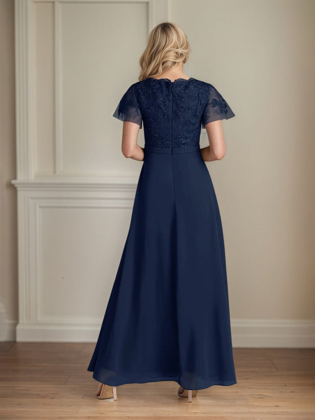A Line Chiffon V Neck Short Sleeves Floor Length Mother of the Bride Dresses