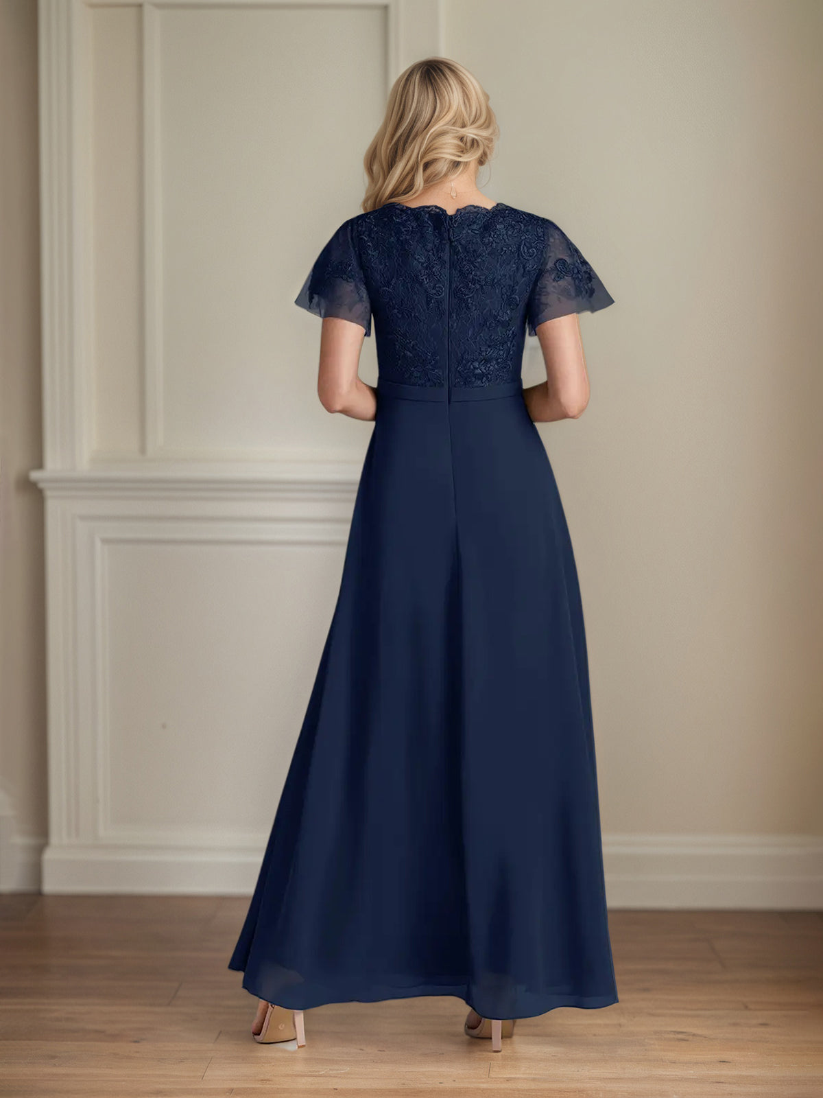 A Line Chiffon V Neck Short Sleeves Floor Length Mother of the Bride Dresses