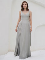 Silver Chiffon A Line V Neck Sleeveless Floor Length Bridesmaid Dress