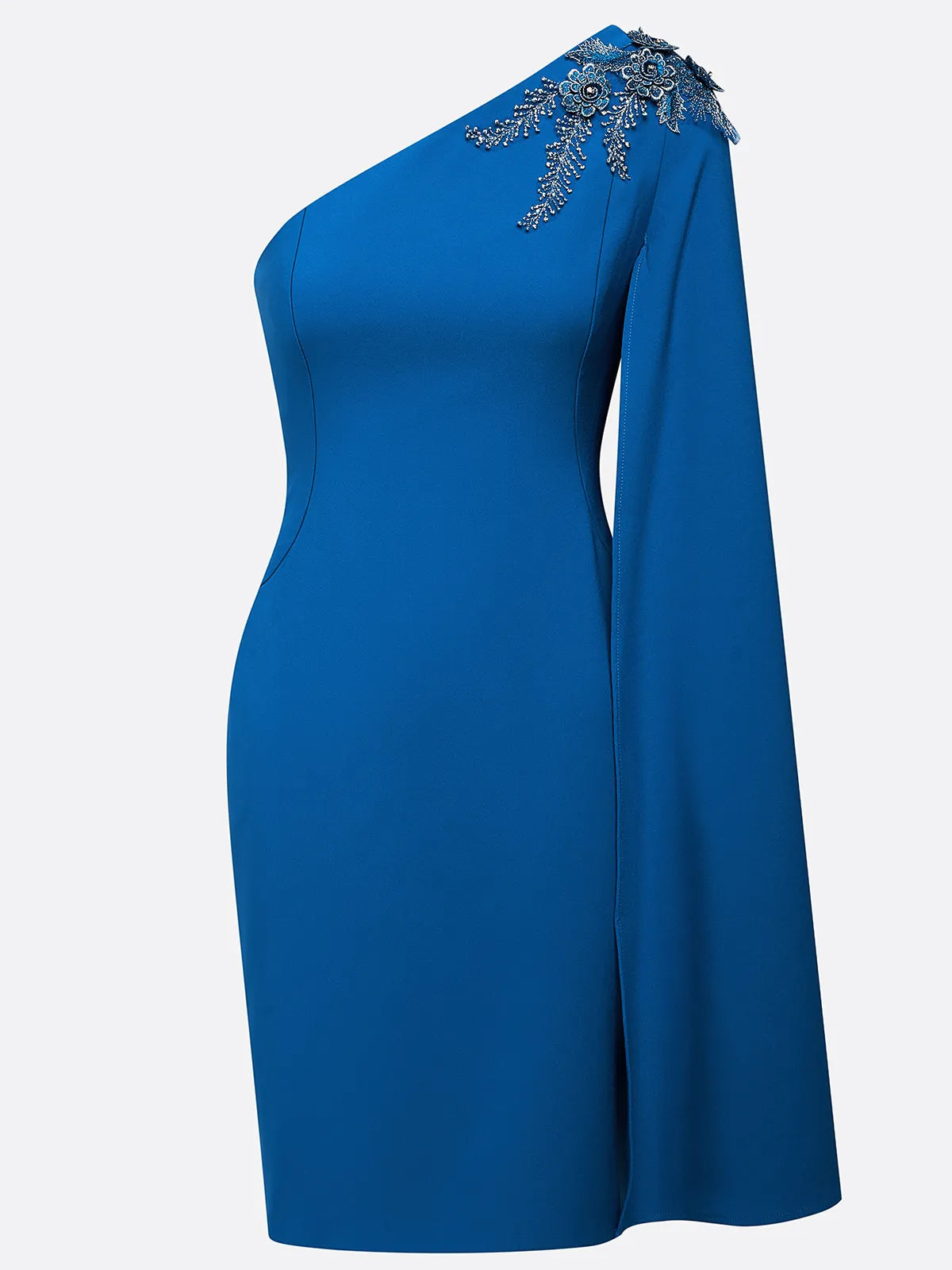 Robe midi fourreau classique asymétrique bleue avec appliques et ornements hotfix, une épaule, sans manches