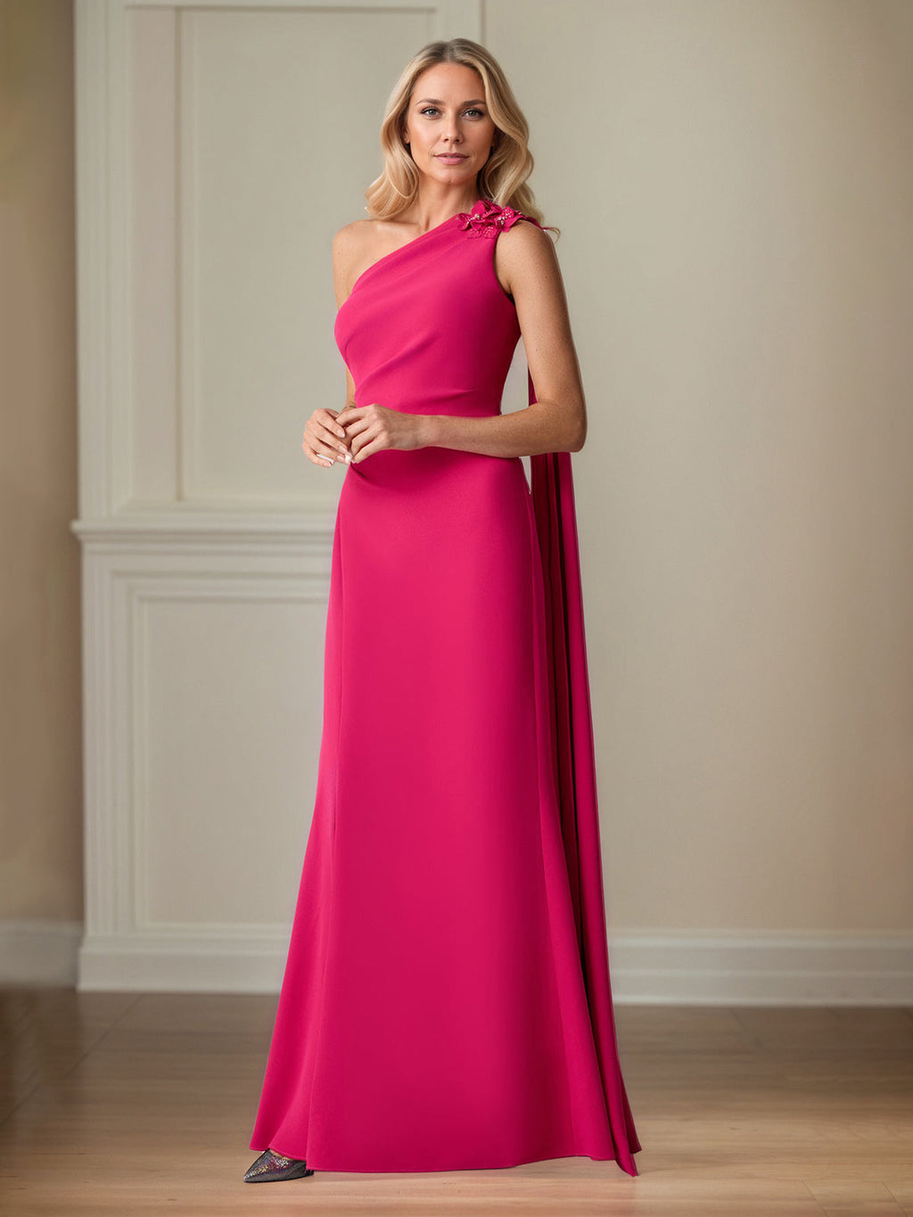 Robe de mère de la mariée en crêpe stretch couleur rouge à lèvres, coupe fourreau/colonne, une épaule, longueur au sol