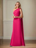 Robe de mère de la mariée en crêpe stretch couleur rouge à lèvres, coupe fourreau/colonne, une épaule, longueur au sol