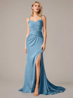 Steel Blue Sheath/Column Satin Spaghetti Straps Sleeveless Floor Length Dresses