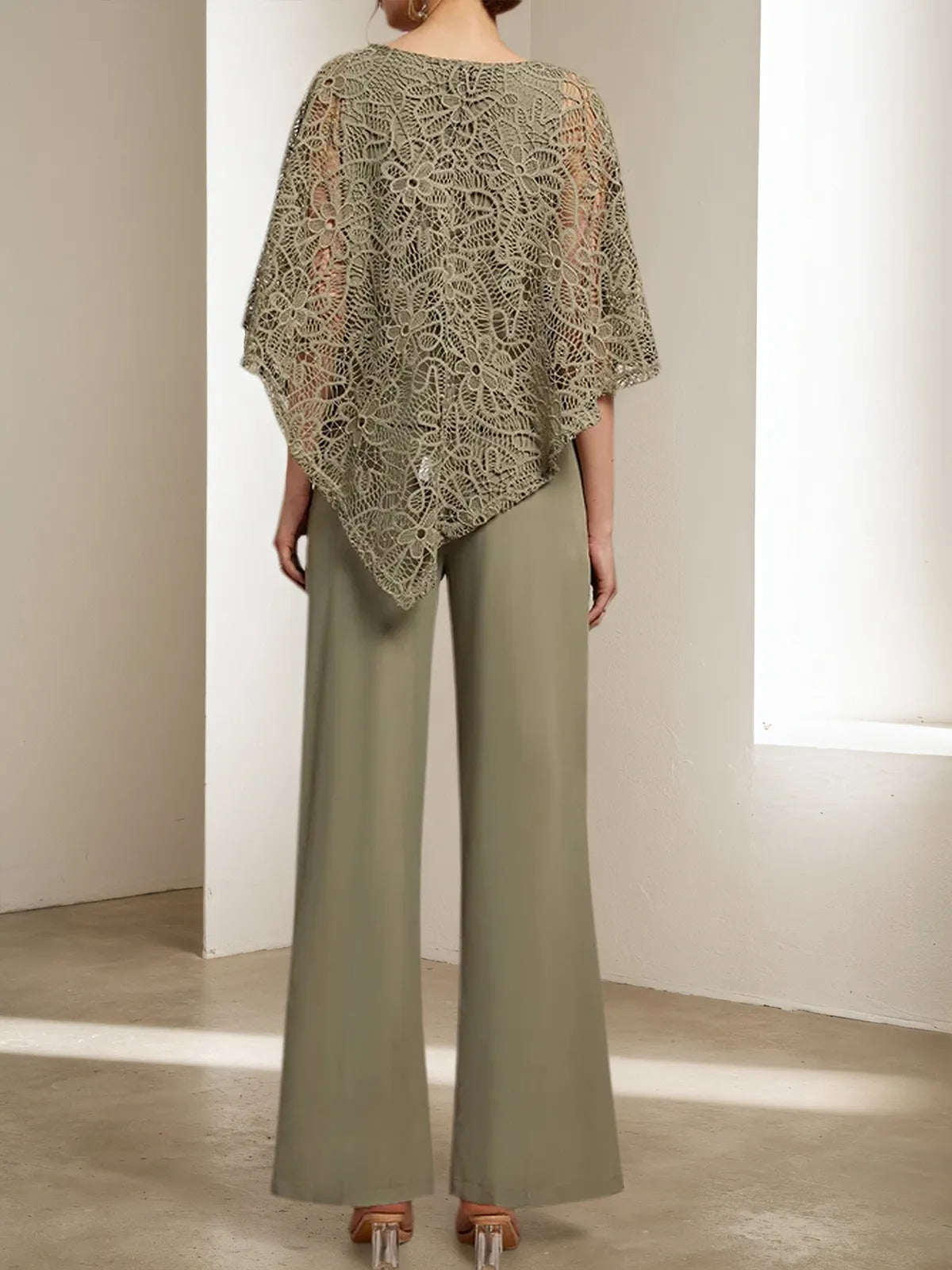 Armeegrünes Damen Spitzen Rundhals Ärmel Chiffon Zweiteiler