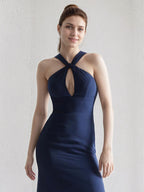 Vestido de dama de honor azul marino sin mangas, de crepé elástico en línea A con nudo en el escote y largo hasta el suelo
