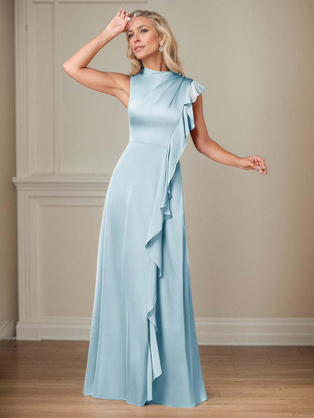 Robes mère de la mariée en satin bleu ciel, ligne A, col montant, sans manches, longueur au sol