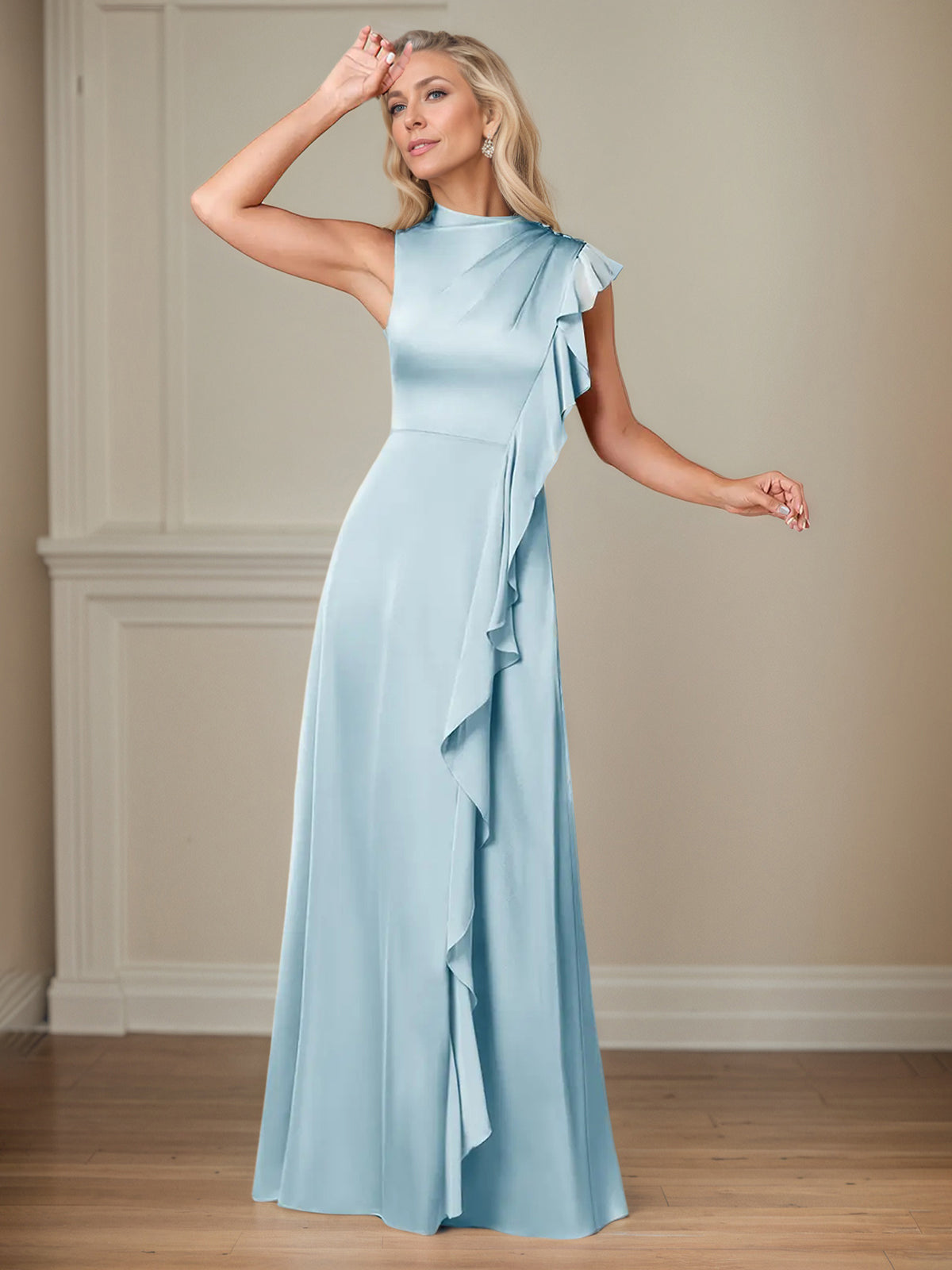 Himmelblaues A-Linien Satin Hochgeschlossener Ärmelloser Bodenlanger Kleid der Brautmutter