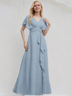 Dusty Blue Chiffon A Line V Neck Ruffle Sleeves Floor Length Bridesmaid Dress