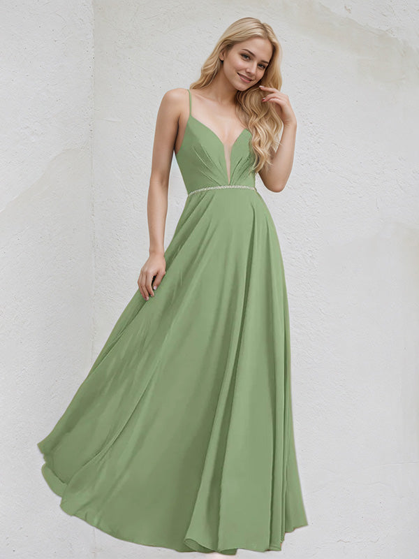 Vestido de Dama de Honra em Chiffon Basil Corte A com Decote em V, Comprimento Longo e Bordados