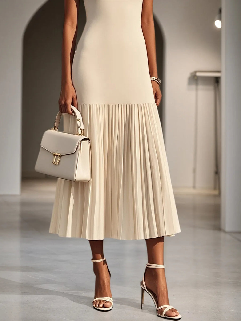 Beiges, plissiertes Strickkleid mit Rundhalsausschnitt, ärmellos, A-Linie, Midi-Jerseykleid