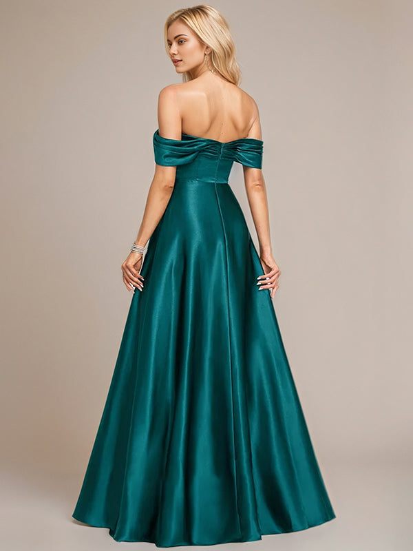 Peacock A-Line Off the Shoulder Floor-Length Satin Bridesmaid Dress