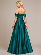 Peacock A-Line Off the Shoulder Floor-Length Satin Bridesmaid Dress
