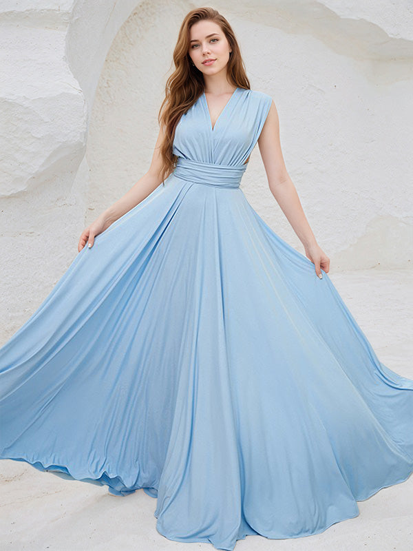 Sky Blue Chiffon A Line V Neck Sleeveless Floor Length Bridesmaid Dress