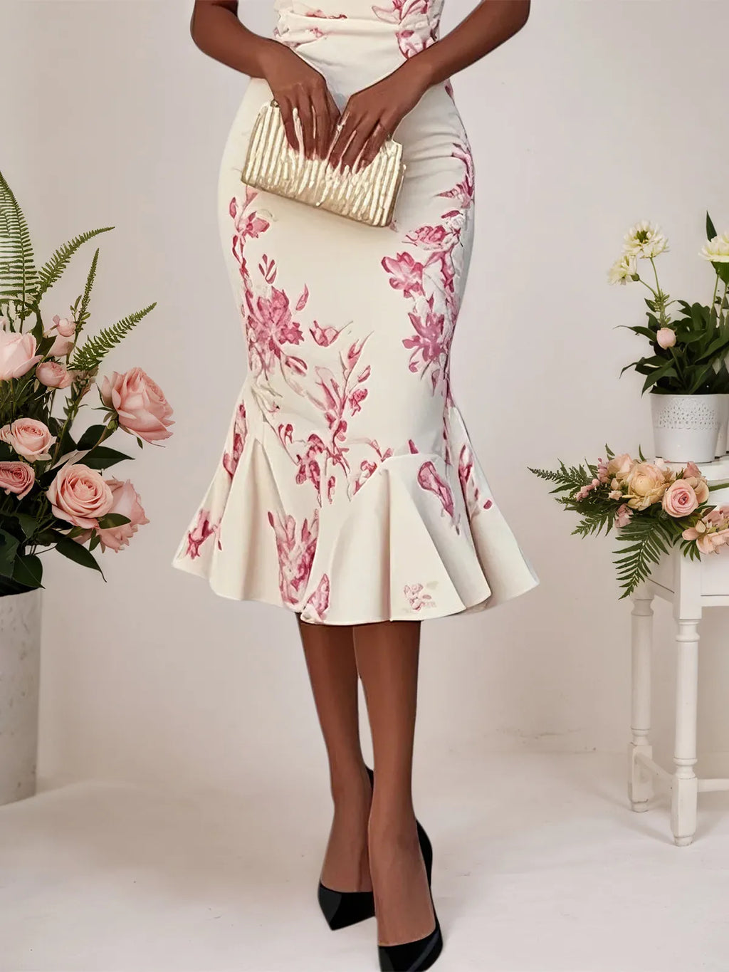 Pink Floral Mermaid Skirt V Neck Sleeveless Mermaid Midi Dress