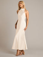 Cream Satin A Line Halter Neck Sleeveless Ankle Length Bridesmaid Dress