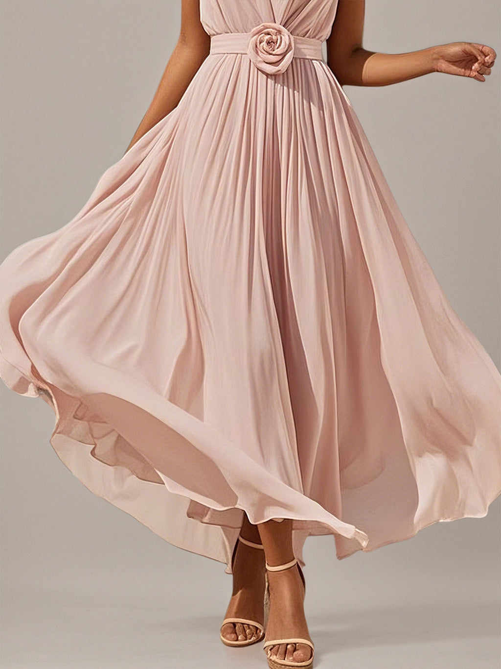 Rosa A-Linien Chiffon V-Ausschnitt ärmelloses bodenlanges Kleid mit 3D-Blumen