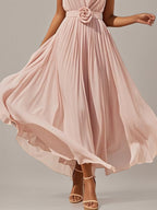 Rosa A-Linien Chiffon V-Ausschnitt ärmelloses bodenlanges Kleid mit 3D-Blumen
