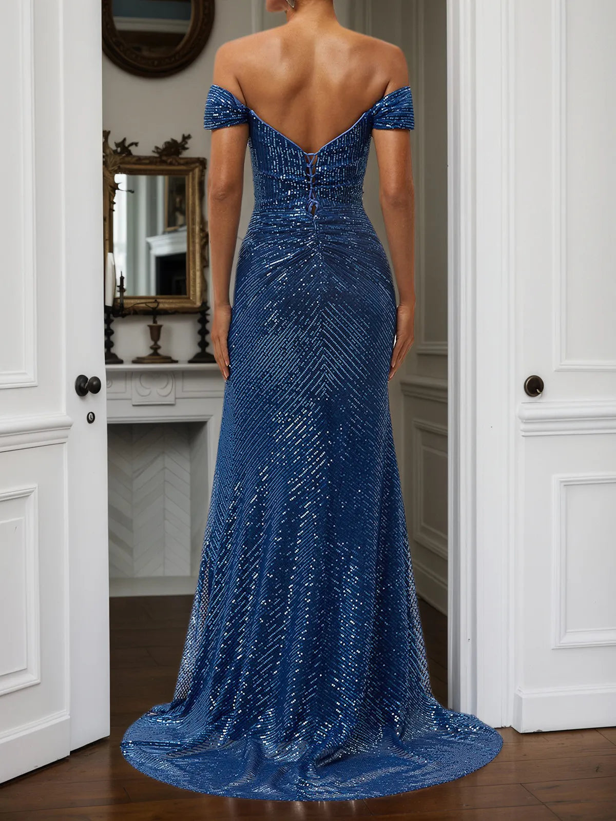Blau gerafftes Kleid mit Schlitz Pailletten schulterfrei Kurzarm Etuikleid