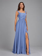 A Line Chiffon Square Neck Floor Length Sleeveless Bridesmaid Dress With Ruffles