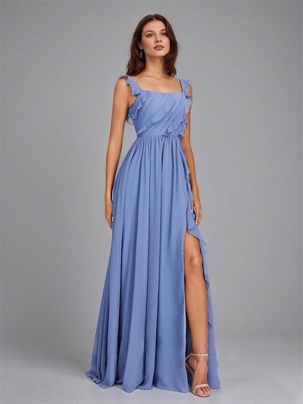 A Line Chiffon Square Neck Floor Length Sleeveless Bridesmaid Dress With Ruffles