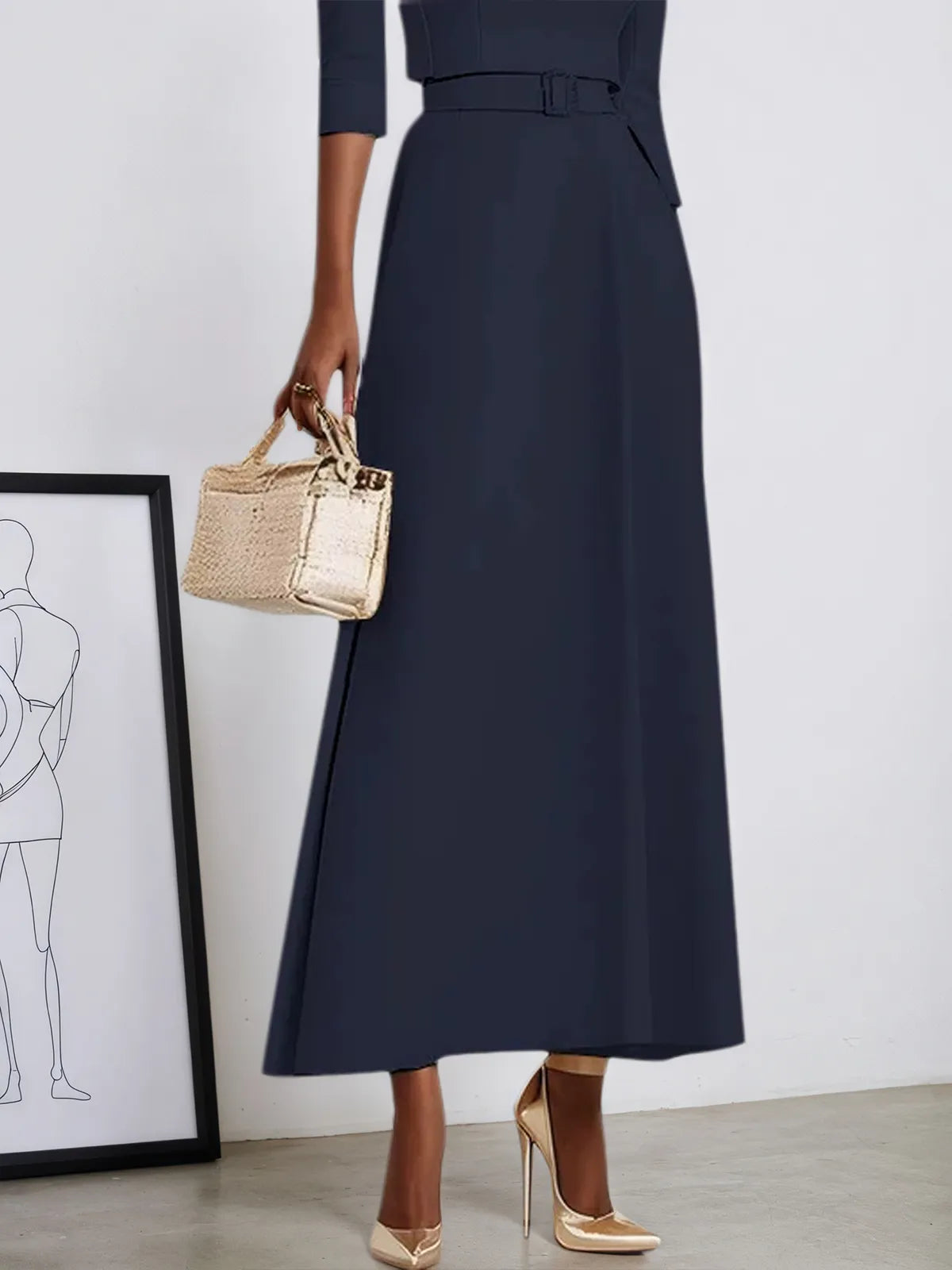 Robe maxi classique bleu violacé à épaules dénudées et manches mi-longues évasées