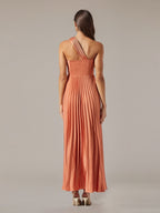 Coral Satin A Line One Shoulder Pleated Floor Length Dress