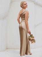 Champagne Satin Sheath/Column Asymmetrical Floor Length Bridesmaid Dress