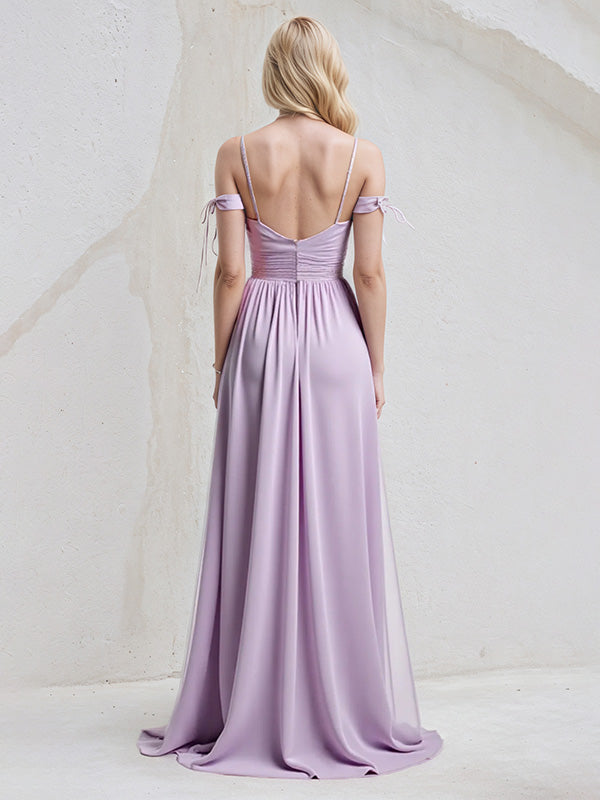 Abito lungo in chiffon lilla a linea A con spalline sottili, senza maniche e fiocco