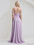 Abito lungo in chiffon lilla a linea A con spalline sottili, senza maniche e fiocco