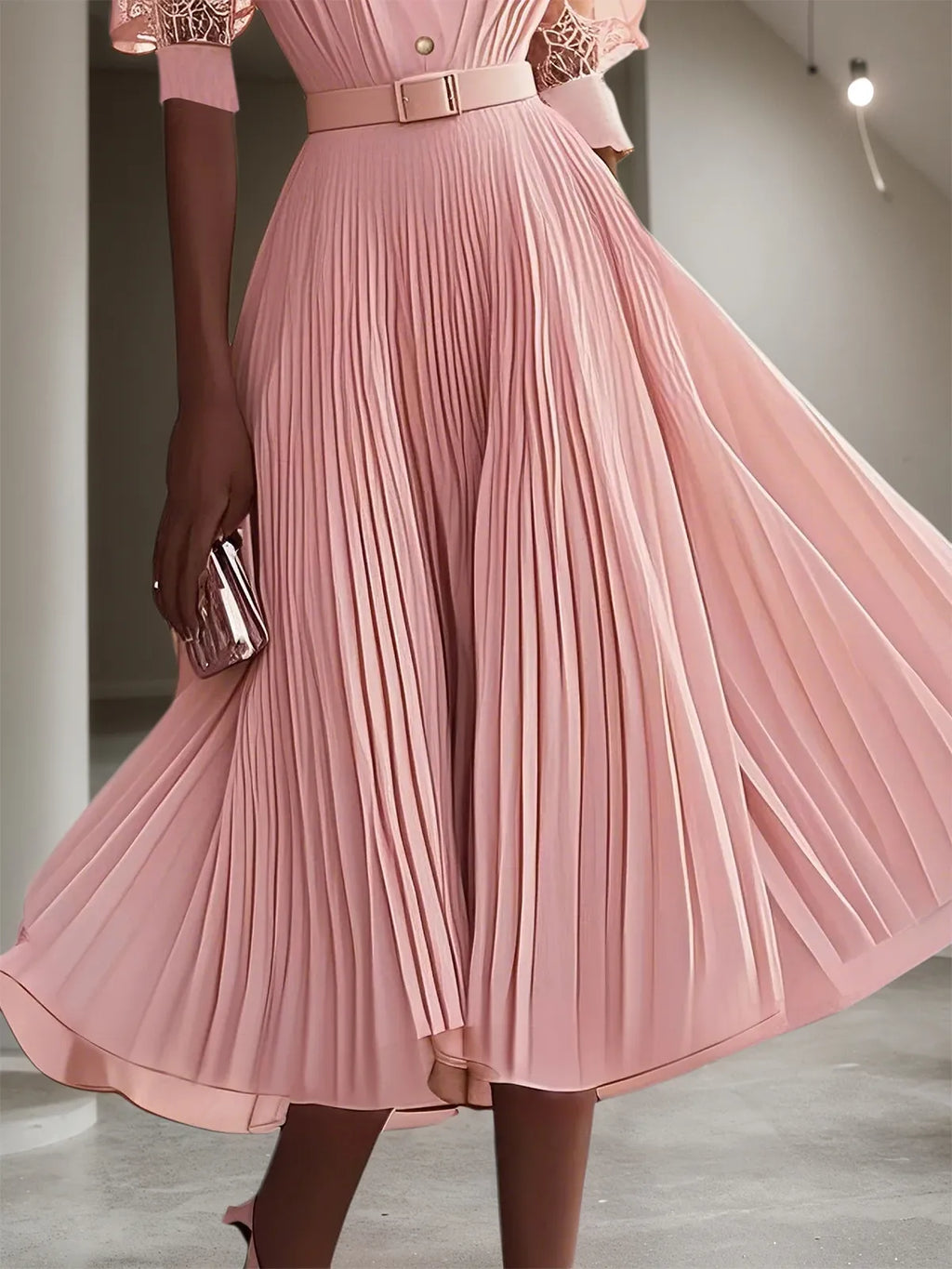 Vestido midi rosa en línea A de gasa plisada con encaje y escote en V