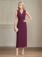 Etui/Column Chiffon V-Ausschnitt 3/4 Ärmel Tea-Length Kleid für die Mutter der Braut