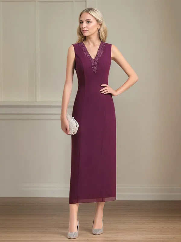 Etui/Column Chiffon V-Ausschnitt 3/4 Ärmel Tea-Length Kleid für die Mutter der Braut