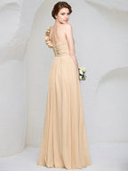 Champagne Chiffon A Line One Shoulder Sleeveless Floor Length Bridesmaid Dress With 3D Floral Ruffle