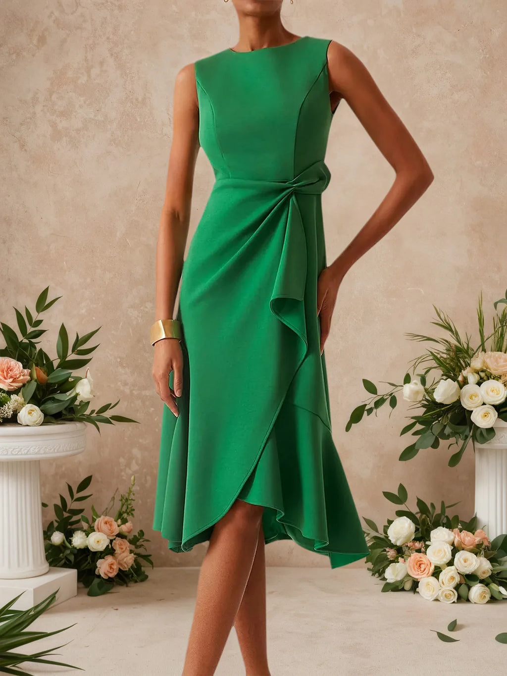 Vestido midi sin mangas verde para uso diario con cuello barco y línea A lisa