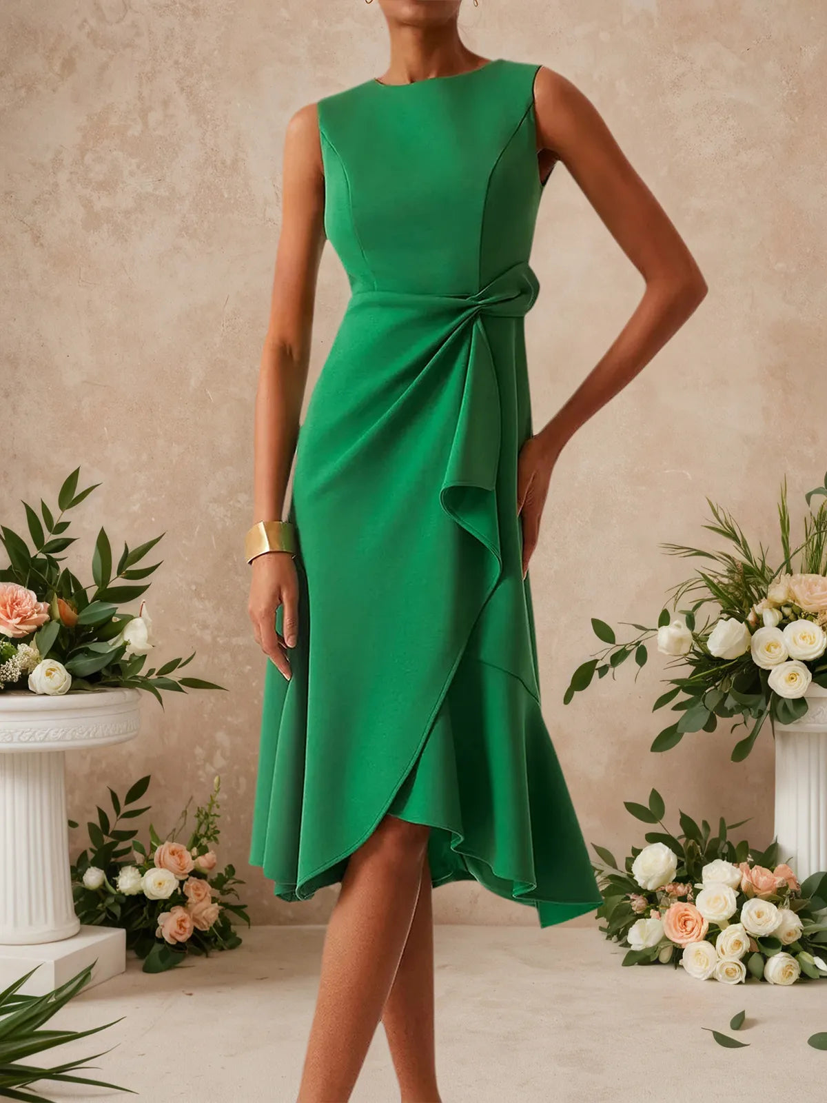 Vestido midi sin mangas verde para uso diario con cuello barco y línea A lisa