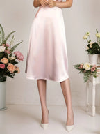 Vestido Midi Rosa de Cetim, Gola Alta e Sem Mangas, Corte A