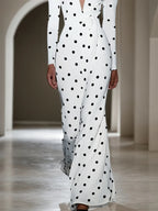 White Deep V Neck Long Sleeve A-Line Maxi Dress