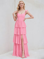 Pink Chiffon A Line V Neck Sleeveless Ruched  Floor Length Bridesmaid Dress