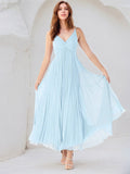 Sky Blue A-Line V Neck Floor-Length Chiffon Bridesmaid Dress