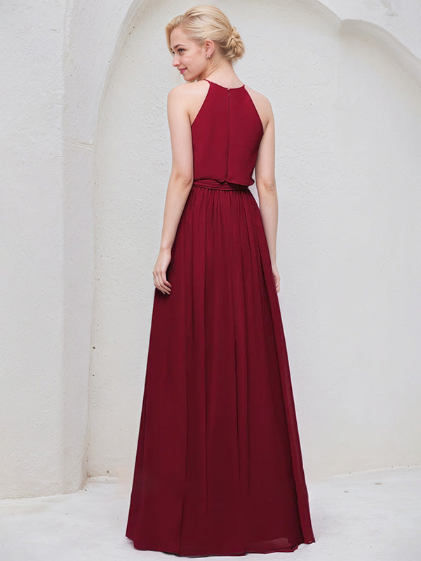 Bordeauxrotes A-Linien U-Ausschnitt bodenlanges Chiffon Brautjungfernkleid mit Schleife