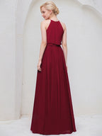 Bordeauxrotes A-Linien U-Ausschnitt bodenlanges Chiffon Brautjungfernkleid mit Schleife