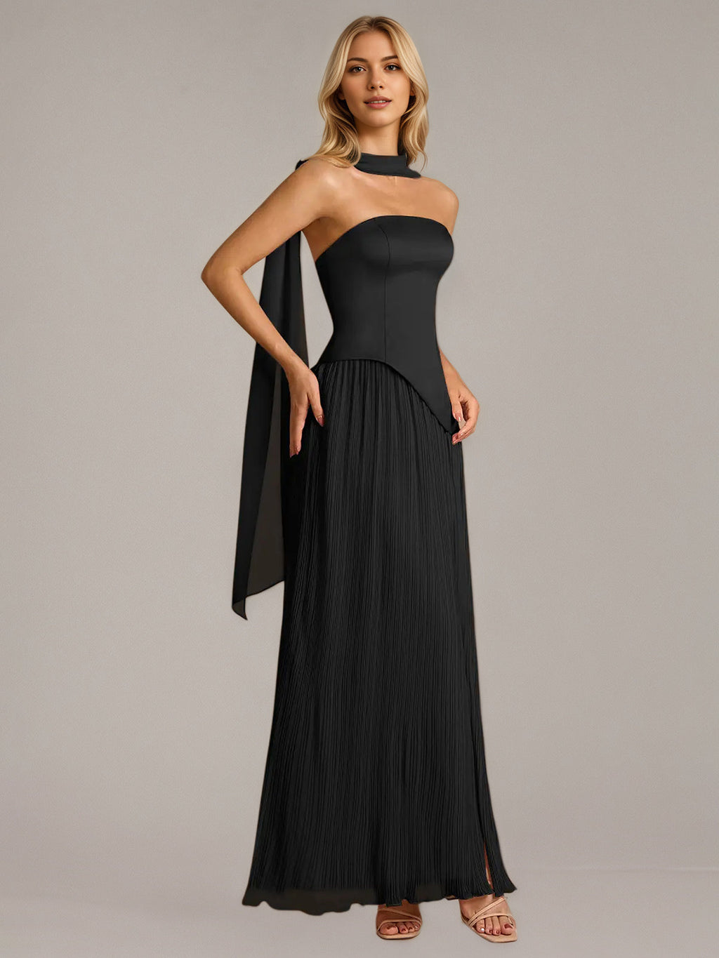 A Line Satin Off The Shoulder Sleeveless Floor Length Dress