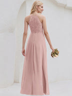 Dusty Rose A-Line Scoop Floor-Length Lace Chiffon Bridesmaid Dress