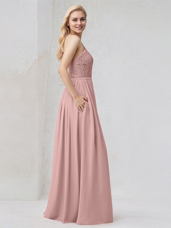 Abito da damigella lungo in chiffon rosa polvere a linea a trapezio, monospalla con applicazioni