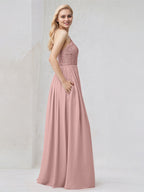 Abito da damigella lungo in chiffon rosa polvere a linea a trapezio, monospalla con applicazioni