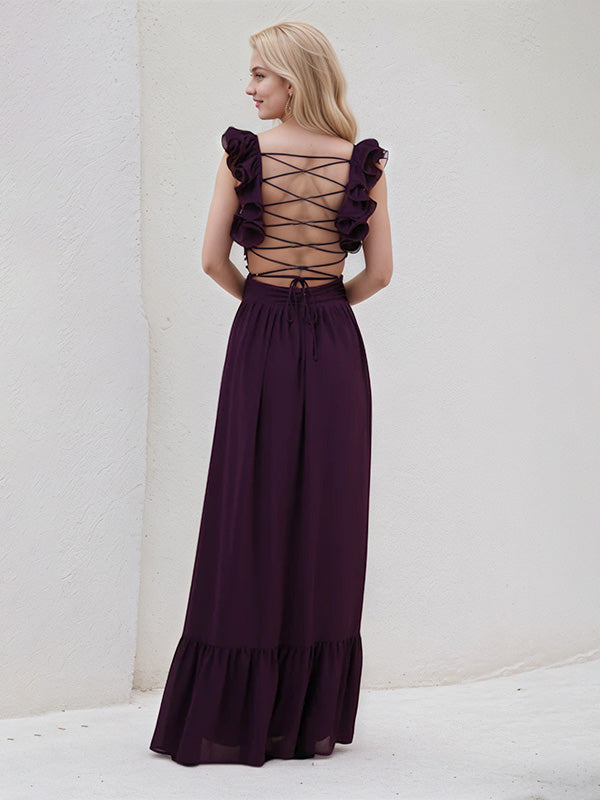 A Line Plum Chiffon V Neck Sleeveless Floor Length Pleated Dress